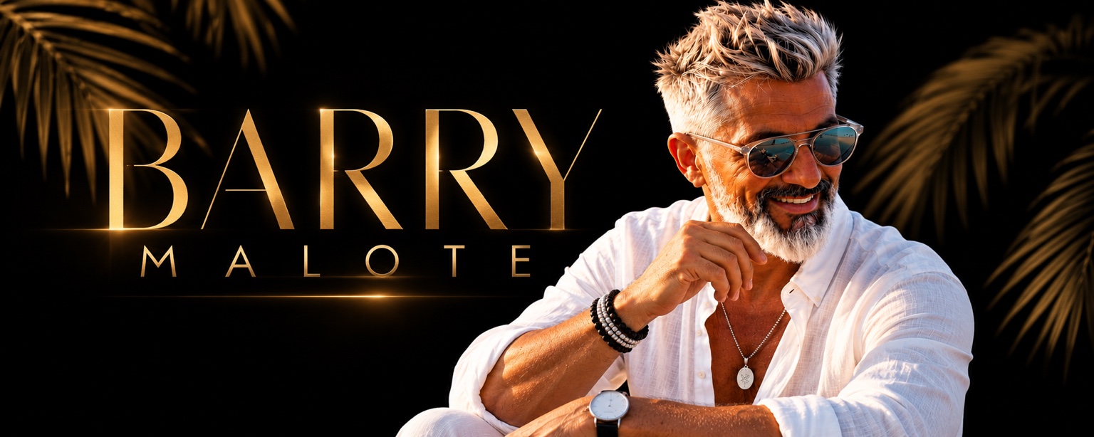 Barry Malote: logotipo dorado junto al artista con camisa blanca sobre fondo negro